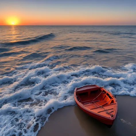 romantic scenery near the beach, colorful sunset, sandy beach, clear water and white foam ať the coast on lonely wooden small bo...