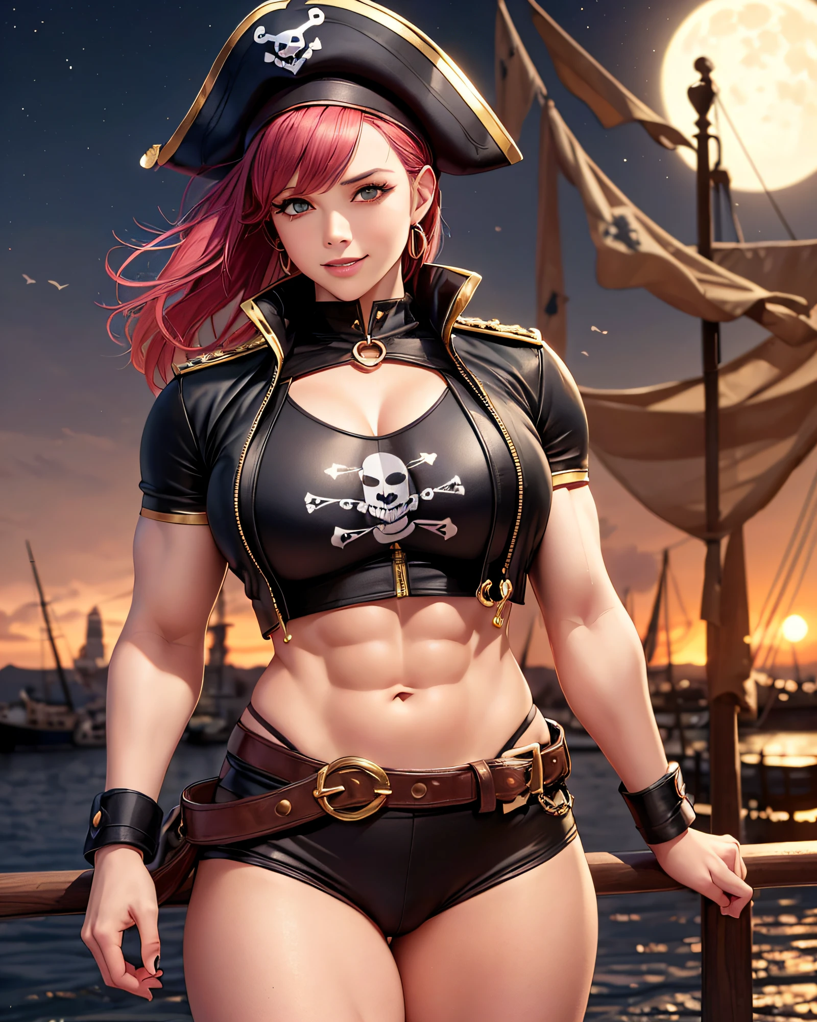 Era pirata, Capitão Piratas:1.3, (Obra de arte, melhor qualidade:1.37), ultra-detalhado:1.37, Hiper-afiado:1.37, estilo anime, Uma ilustração de uma mulher fisiculturista capitã dos Piratas, A fisiculturista capitã dos piratas tem 2 m de altura e é musculosa. A female pirates captain bodybuilder wears a Capitão Piratas outfit, expondo seus músculos. Uma capitã fisiculturista pirata está parada em um porto noturno sob a lua cheia vermelha, sorriso sedutor, boca fechada, cabelo rosa cortado lateralmente, moda fisiculturista, olhando o espectador, Ver visualizador,