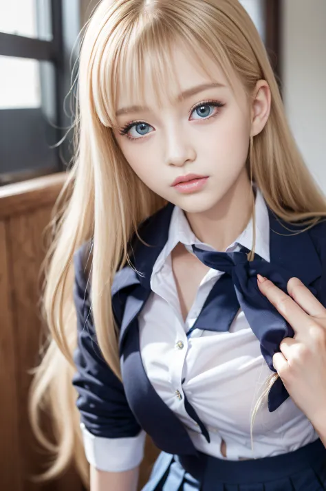 portlate、((School Uniforms:1.5))、bright expression、poneyTail、Young shiny shiny white shiny skin、Best Looks、Blonde reflected ligh...