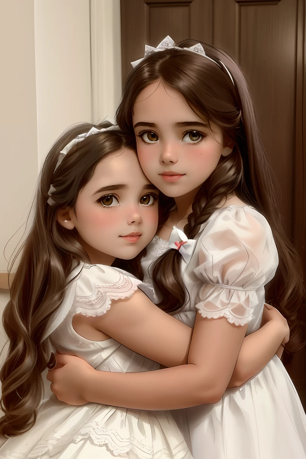 two young girls hugging each other in a room, beautiful gemini twins, valentina remenar, sisters, kids, hana alisa omer, two pigtails hairstyle, children, beautiful gemini twins portrait, beautiful girls, two girls, like, angels in white gauze dresses, alena aenami and lilia alvarado, and, cute girls, conjoined twins