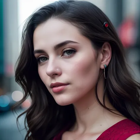 Full face portrait photo of a 25-year-old European girl, primitive, Beautiful woman, semi-open strawberry lips, dimple, wistful ...