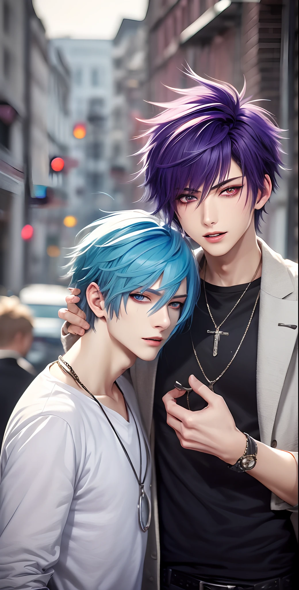 ​masterpiece, top-quality, 2Others, Male couple, 1 man and 1,, Adults, Height difference, different fashion, different color, finely eye and detailed face, intricate detailes, Casual clothing, Oversized shirt, Modern urban streets, A smile, Happiness, tenderness, queers, Boys Love, high-level image quality、 Two beautiful men、tall、The upper part of the body、nightfall、nighttime scene、𝓡𝓸𝓶𝓪𝓷𝓽𝓲𝓬、Korean Male, Idol Photos, k pop, Professional Photos, Vampires, Korean fashion in black and white, Fedoman with necklace, inspired by Sim Sa-jeong, androgynous vampire, :9 detailed face: 8, extra detailed face, detailed punk hair, ((eyes are brown)) baggy eyes, Seductive. Highly detailed, semi realistic anime, Vampires, hyperrealistic teen, delicate androgynous prince, imvu, short hair above the ears, Man with short hair, With a purple-haired man with a wild expression, Man with light blue hair with gentle expression, ((With a short-haired man with bright purple hair)), ((Man with light blue hair))