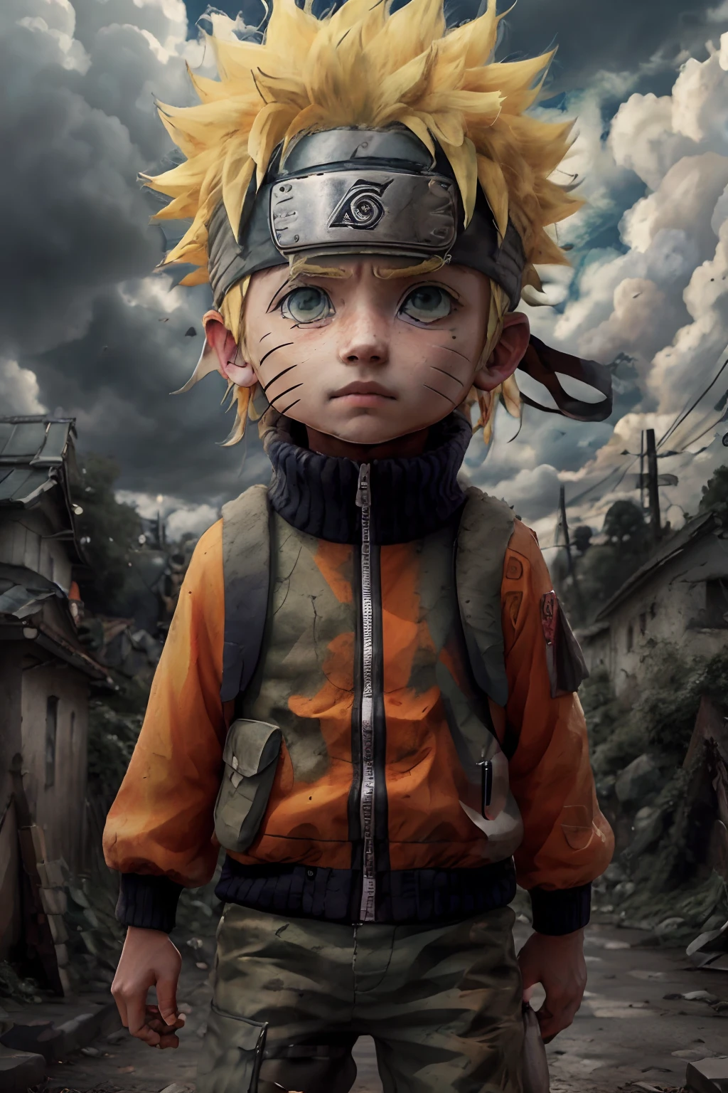 chibinaruto, 1boy, blonde hair, male focus, soil, sky, green eyes, cloud, day, whiskers marks, dark forest, male child, Jacket, Outdoor, upper body, overcast sky