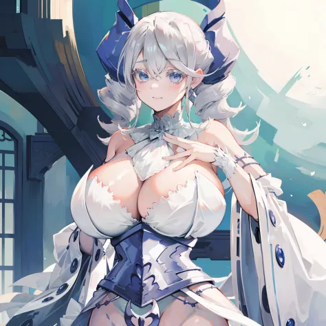 ((​masterpiece)), ((Top image quality)), ((Hi-Res)), ((Ultra detailed CG unified 8k wallpaper)), 独奏, 遊戯王!,White hair、Woman in white robes, Seductive Anime Girl, perfect gray hair girl, Chest covered、SFW, white haired god, white  hair,  troll、doyagao,with a...
