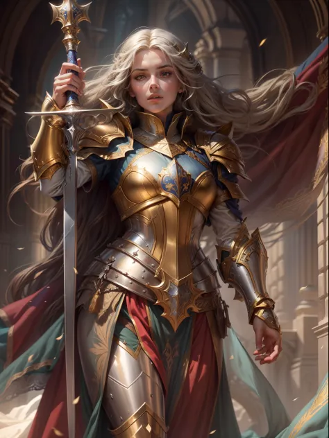 look from the bottom up，low  angle shot，highly detailed portrait of paladin guinevere，wear armor，shelmet，epee，big sword，cross sw...