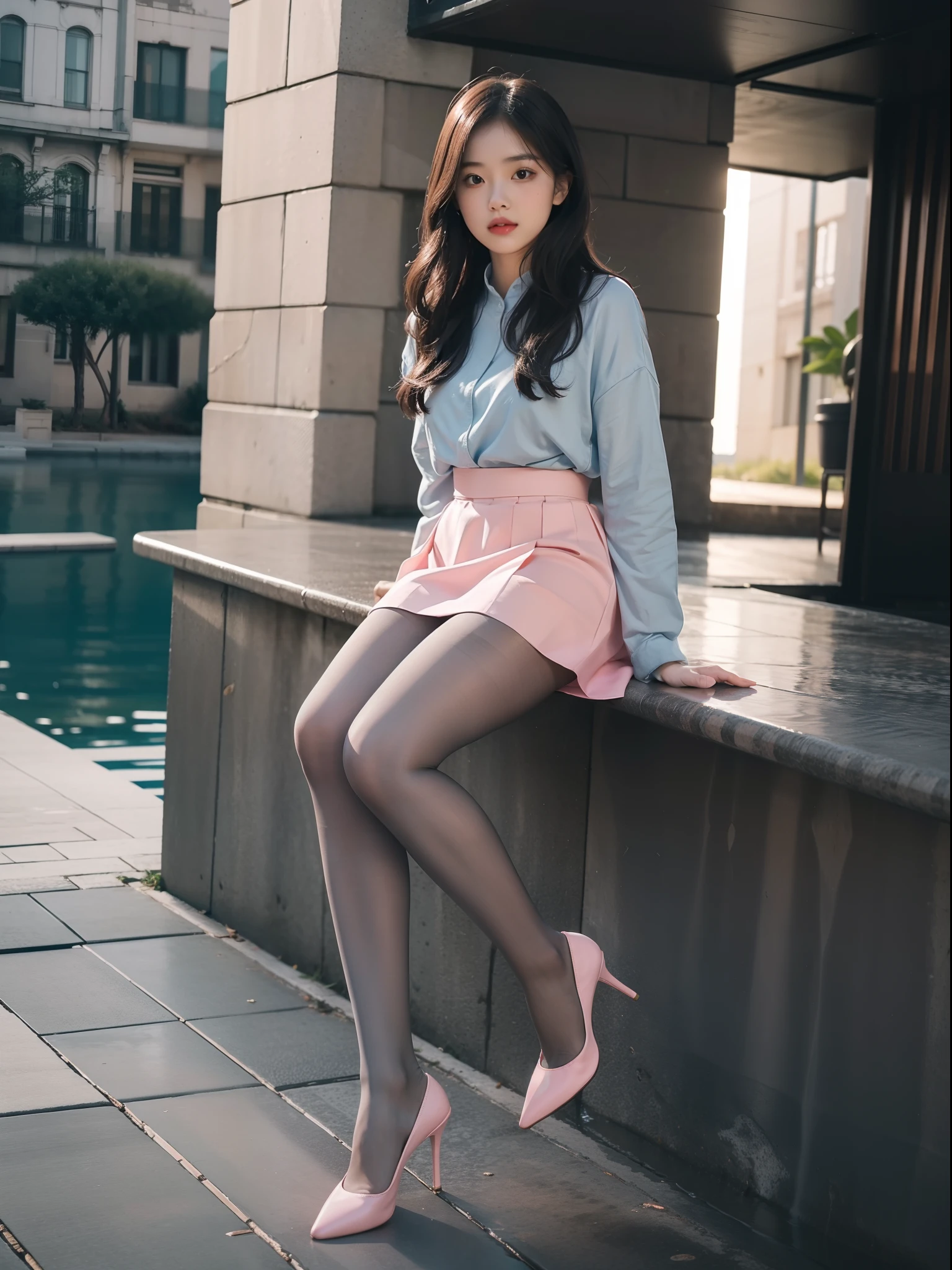 (full body:1.5)，(1girl:1.3),(view the viewer:1.4)，(anatomy correct:1.3),(Sitting on the sea:1.2),(A pink and blue Elastic skirt :1.2),( DimGray Pantyhose:1.3),( girl pointed thick heels :1.1)，(Accurate and perfect face:1.3),hyper HD, Ray traching, reflective light， structurally correct, Award-Awarded, high detail, lighten shade contrast, Face lighting ，cinematic lighting, masterpiece, super detailing, high quality, high detail, best quality, 16k，High contrast,