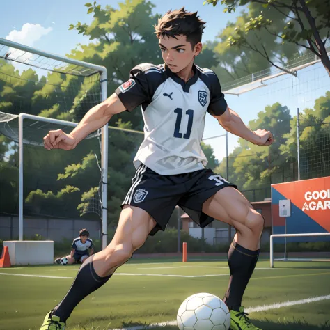 A boy playing football，soccer court，youthfulness，vibrancy