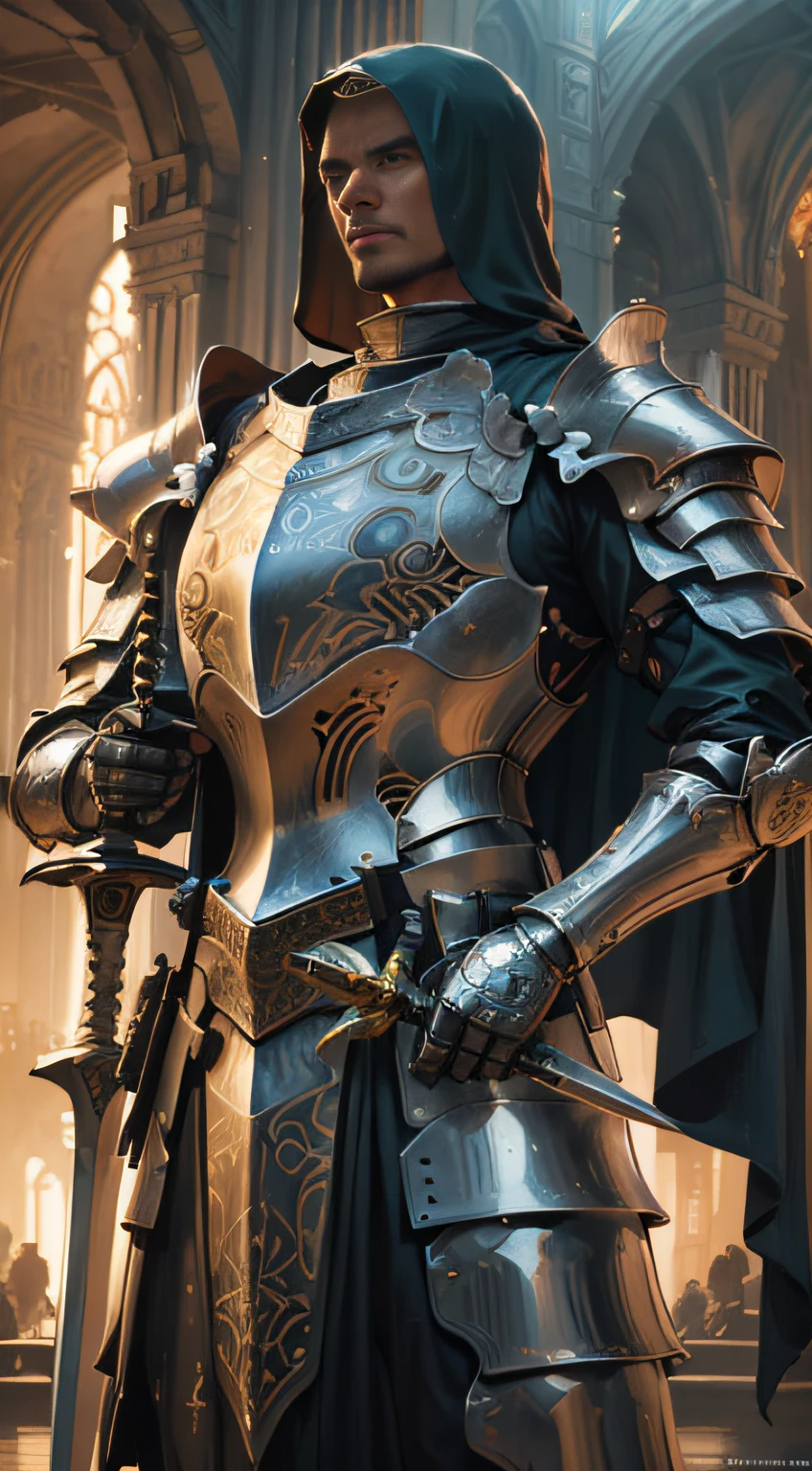 Wearing plate armor、Young noble male knight with a long sword，Portrait of a noble knight，Dignified，On the battlefield，Intricate design and details，dramatic lights，ultra-realistic realism，Forcing Allah righteousness，Cinematic，8K