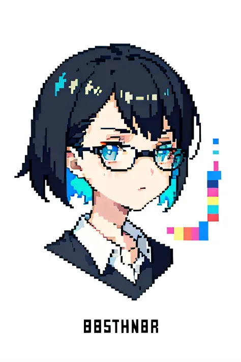 （tmasterpiece，top Quority，best qualtiy），pix，pixelart，1boys，Close-up of the head，Black color hair，eye glass，short detailed hair，Colorful background，Radial lines