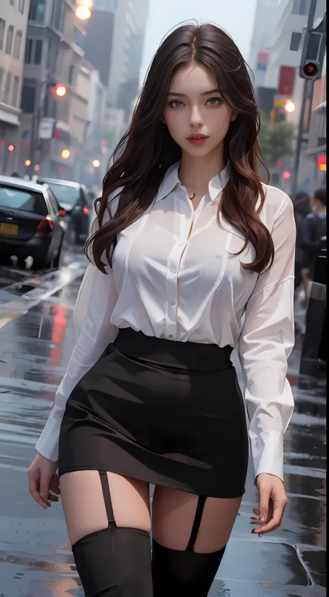 ((Realistic lighting, Best Quality, 8K, Masterpiece: 1.3)), Focus: 1.2, 1girl, Perfect Beauty: 1.4, Slim Abs: 1.1, (Big Breasts), (White Shirt: 1.4), (Outdoor, Night: 1.1), City Street, Super Fine Face, Fine Eyes, Double Eyelids, (Over the Knee Black Stock...