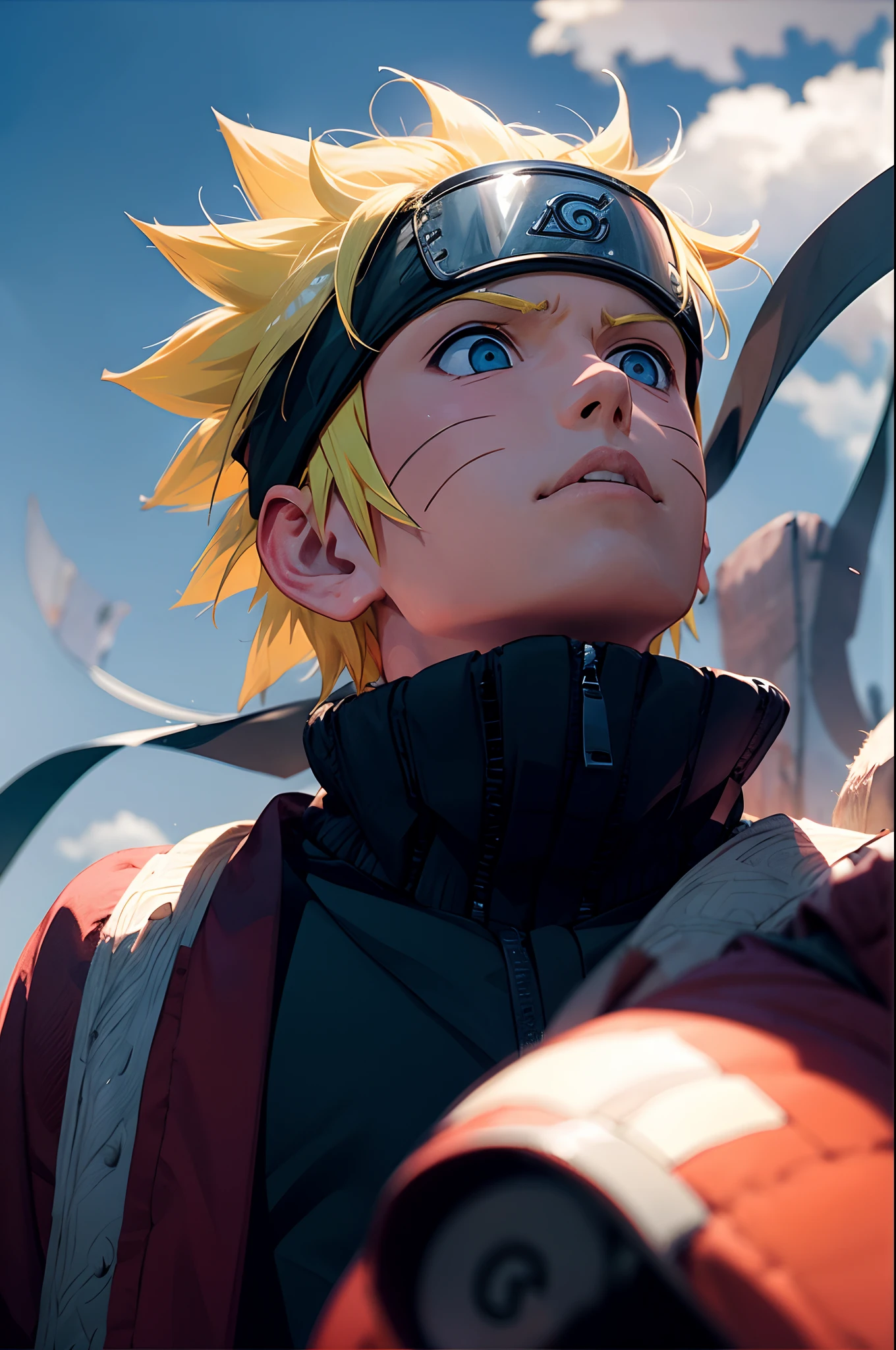 (Obra maestra, La mejor calidad), Naruto Uzumaki, 1boy with great ambition and a dream of becoming the Hokage of his village. He is looking to the sky with determination and hope., while behind him is the symbol of his clan and the face of his master Jiraiya, that taught him to believe in himself."