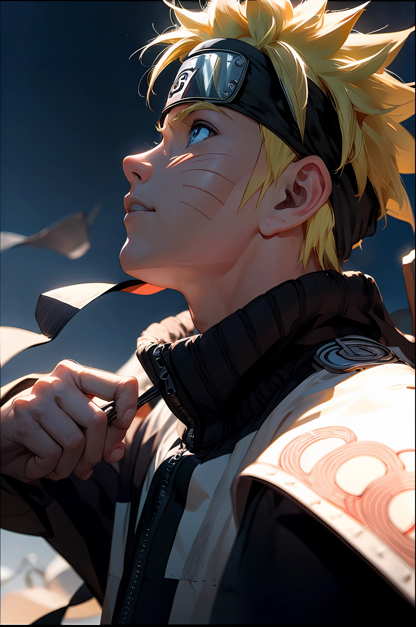 (Obra maestra, La mejor calidad), Naruto Uzumaki, 1boy with great ambition and a dream of becoming the Hokage of his village. He is looking to the sky with determination and hope., while behind him is the symbol of his clan and the face of his master Jiraiya, that taught him to believe in himself."