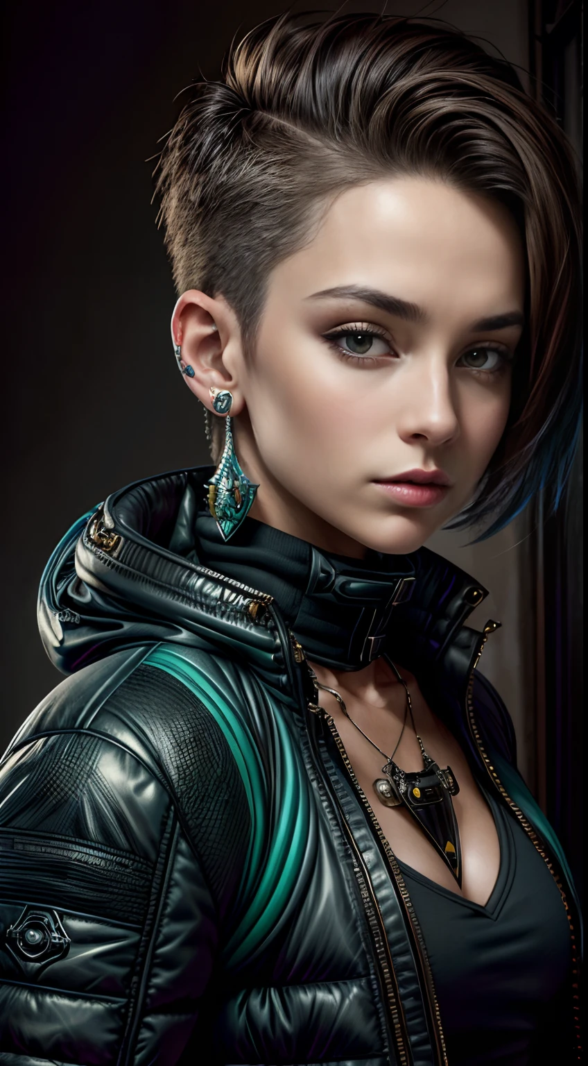 realistic,photo,35mm,cinematic(1woman with super puffer balenciaga jacket with short hair,neck tattoos)colorful background graphite,ultra sharp