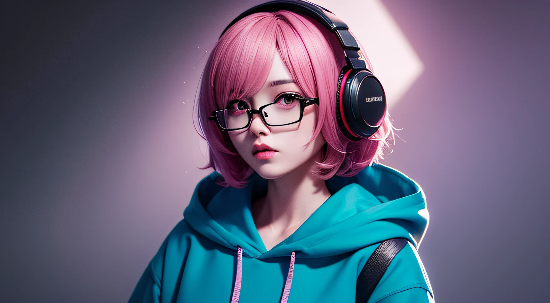 MOKATO SHINKAI, RAIN, RTX REFLECTIONS, COLOR BACKGROUND, Girl in Punk Style Hoodie Headphones in Neck And Sunglasses