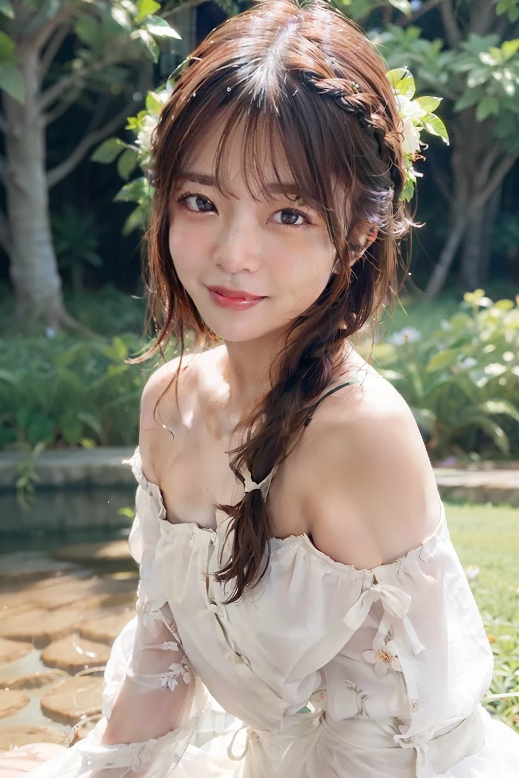 top-quality、​masterpiece、超A high resolution、(Photorealsitic:1.4)、Raw photo、女の子1人、robe blanche、off shoulders、flower  field、glistning skin、Light smile、Braided hair、Floating hair