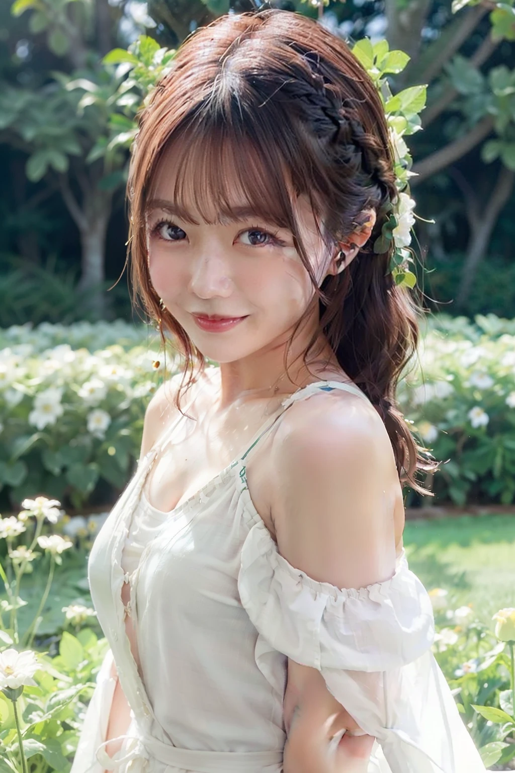top-quality、​masterpiece、超A high resolution、(Photorealsitic:1.4)、Raw photo、女の子1人、robe blanche、off shoulders、flower  field、glistning skin、Light smile、Braided hair、Floating hair