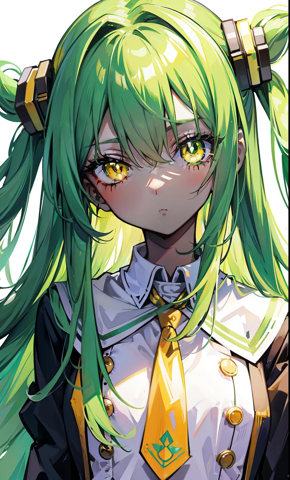 Long green hair，Symmetrical six eyes grow on the face，Royal yellow pupils，Glow brown skin，in school uniform，It's a pretty cute weird 