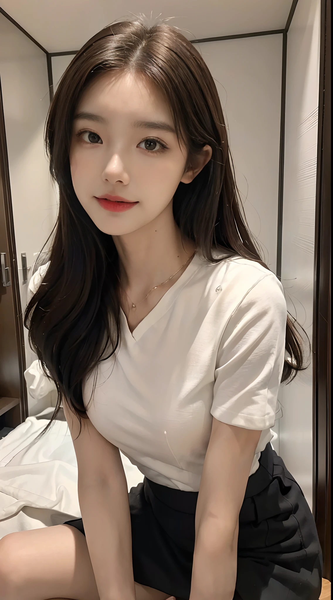 ((Best picture quality, 8k, tmasterpiece: 1.3)), self-shot, Sharp focus: 1.2, A cute beauty with a perfect figure: 1.4, Slim, ((Brown hair black)) , (whitet-shirt，pleatedskirt，Highly detailed face，Happy expression，standing on your feet：1.2），（（The city of blue skies，simple bedrooms：1.3. Produced with a major focus on women）），Highly detailed facial and skin texture，Detailed eyes，double eyelid