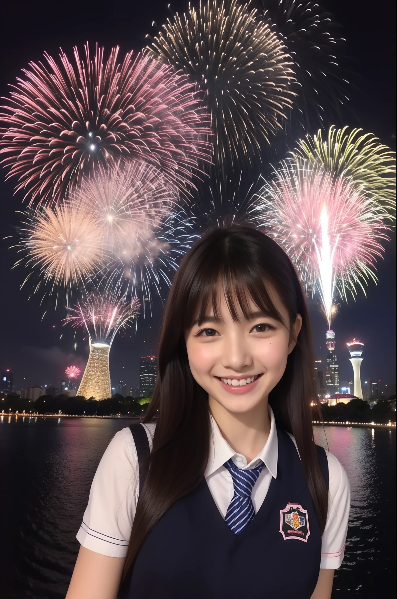 笑い、女子高生、制服、花火をしながら、東京スカイツリー、桜の木