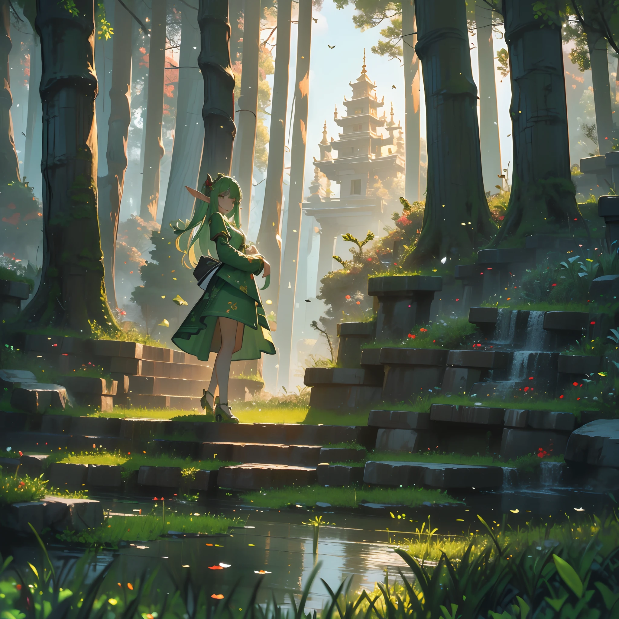 (8k wallpaper:1.2),(Ultra-high resolution:1.2),(masterpiece:1.1),wallpaper,High quality,masterpiece,(High detail),1woman,elf, wearing a green warrior dress, surrounded by elves, houses on trees,elves holding bows, extremely beautiful elves, luscious golden hair, surrounded by trees, forest biome, absolutely stunning art, extremely detailed, high resolution, highest quality digital art,