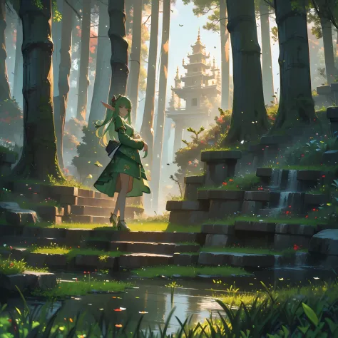 (8k wallpaper:1.2),(Ultra-high resolution:1.2),(masterpiece:1.1),wallpaper,High quality,masterpiece,(High detail),1woman,elf, wearing a green warrior dress, surrounded by elves, houses on trees,elves holding bows, extremely beautiful elves, luscious golden...