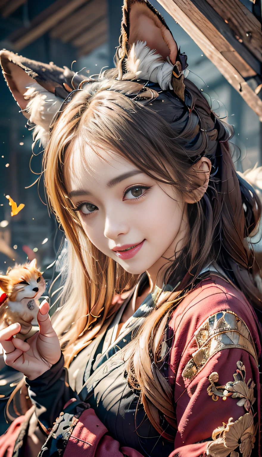 1girll,Solo, Happy smiling official art, Unity 8k wallpaper, Ultra detailed, Beautiful and aesthetic, Beautiful, Masterpiece, Best quality, Kitsune witch, kitsune mask, Pink and white haori jacket, Foxfire spell, The fox is familiar, Transformation,Depth of field