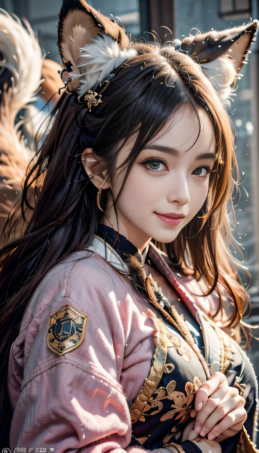 1girll,Solo, Happy smiling official art, Unity 8k wallpaper, Ultra detailed, Beautiful and aesthetic, Beautiful, Masterpiece, Best quality, Kitsune witch, kitsune mask, Pink and white haori jacket, Foxfire spell, The fox is familiar, Transformation,Depth of field