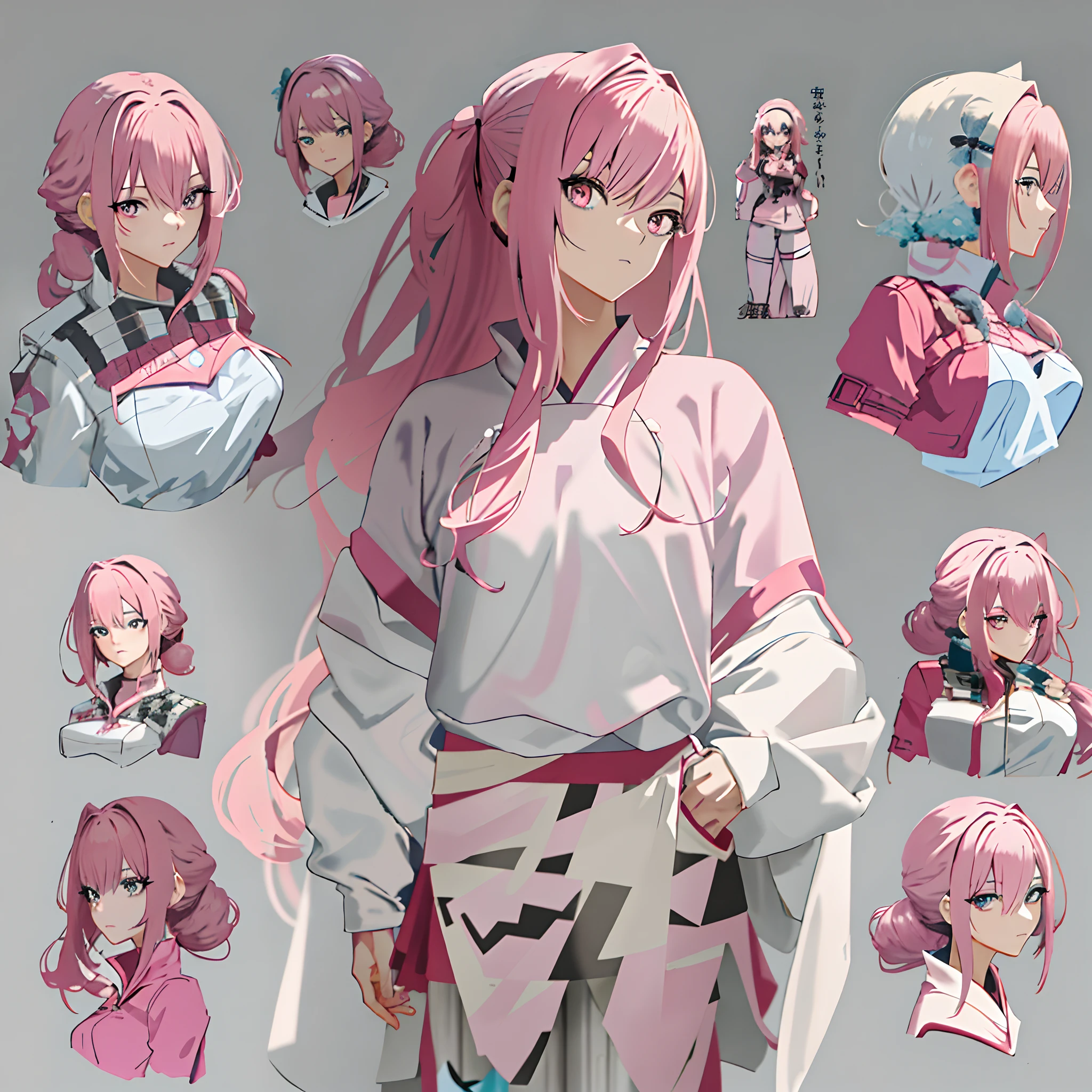 Anime character pose of a woman with pink hair and various facial expressions, detailed anime character art, Anime character art, trending on artstation pixiv, anime concept art, Guweiz in Pixiv ArtStation, Anime character design, anime figure, Guweiz on ArtStation Pixiv, pink twintail hair and cyan eyes, Pixiv style, anime style character