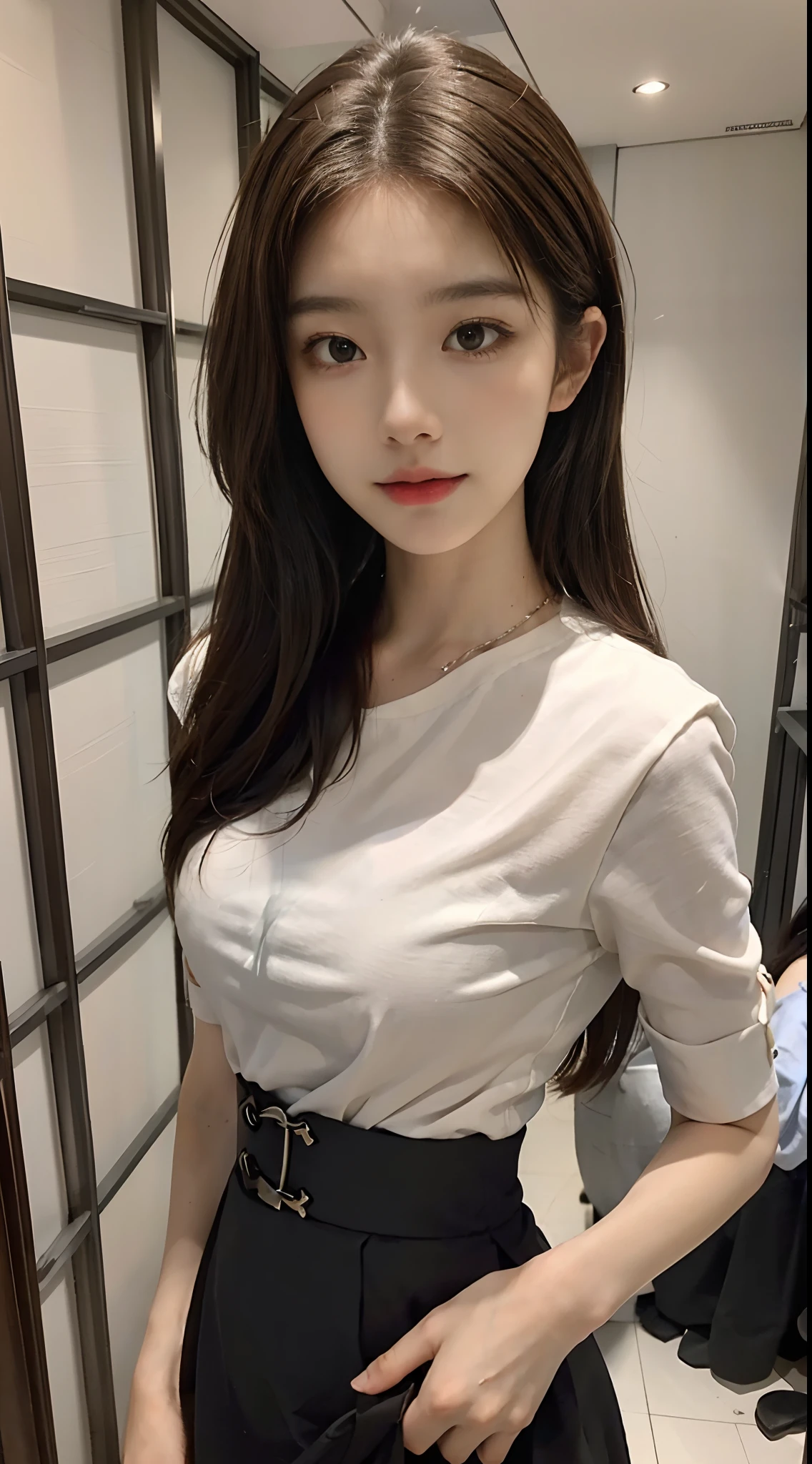 ((Best picture quality, 8k, tmasterpiece: 1.3)), self-shot, Sharp focus: 1.2, A cute beauty with a perfect figure: 1.4, Slim, ((Brown hair black)) , (whitet-shirt，pleatedskirt，Highly detailed face，Happy expression，standing on your feet：1.2），（（The city of blue skies，simple bedrooms：1.3. Produced with a major focus on women）），Highly detailed facial and skin texture，Detailed eyes，double eyelid
