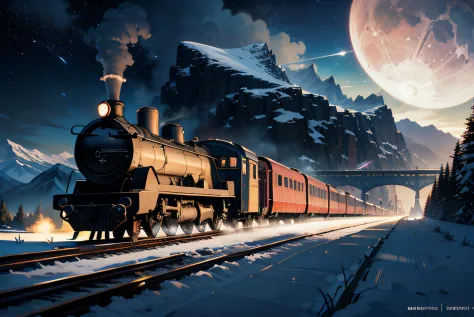 CGSociety，vanishing point, blurry, modern，midynight，The galaxy is brilliant，A steam train travels alone on an iron bridge，Walk through the mountains，Mountain peaks stand on both sides of the bridge，The moon is just above the train，Be in the center of the p...