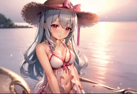 ((Best quality)), ((Masterpiece)), ((Ultra-detailed)), (illustration), (Detailed light), (An extremely delicate and beautiful),A charming young girl,Pink swimsuit,Straw hat top,Swimming,scythe