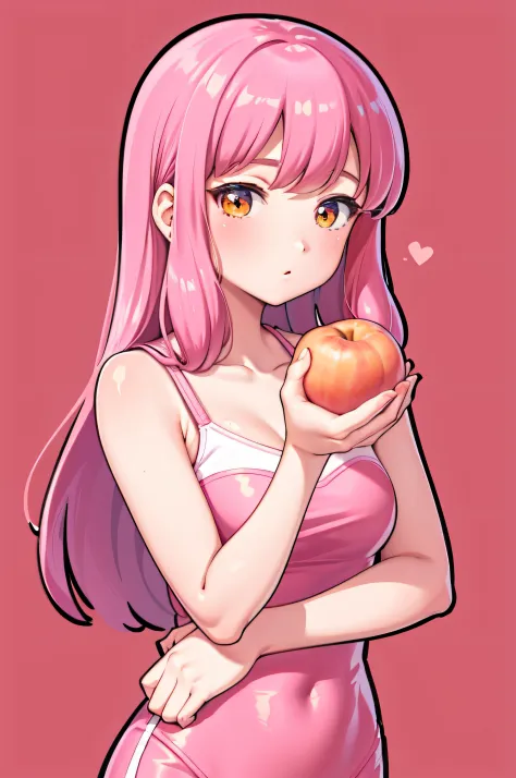 Anime girl with pink hair holding an apple in her hand, a human-like juicy peach, with apple, she is eating a peach, she is east...