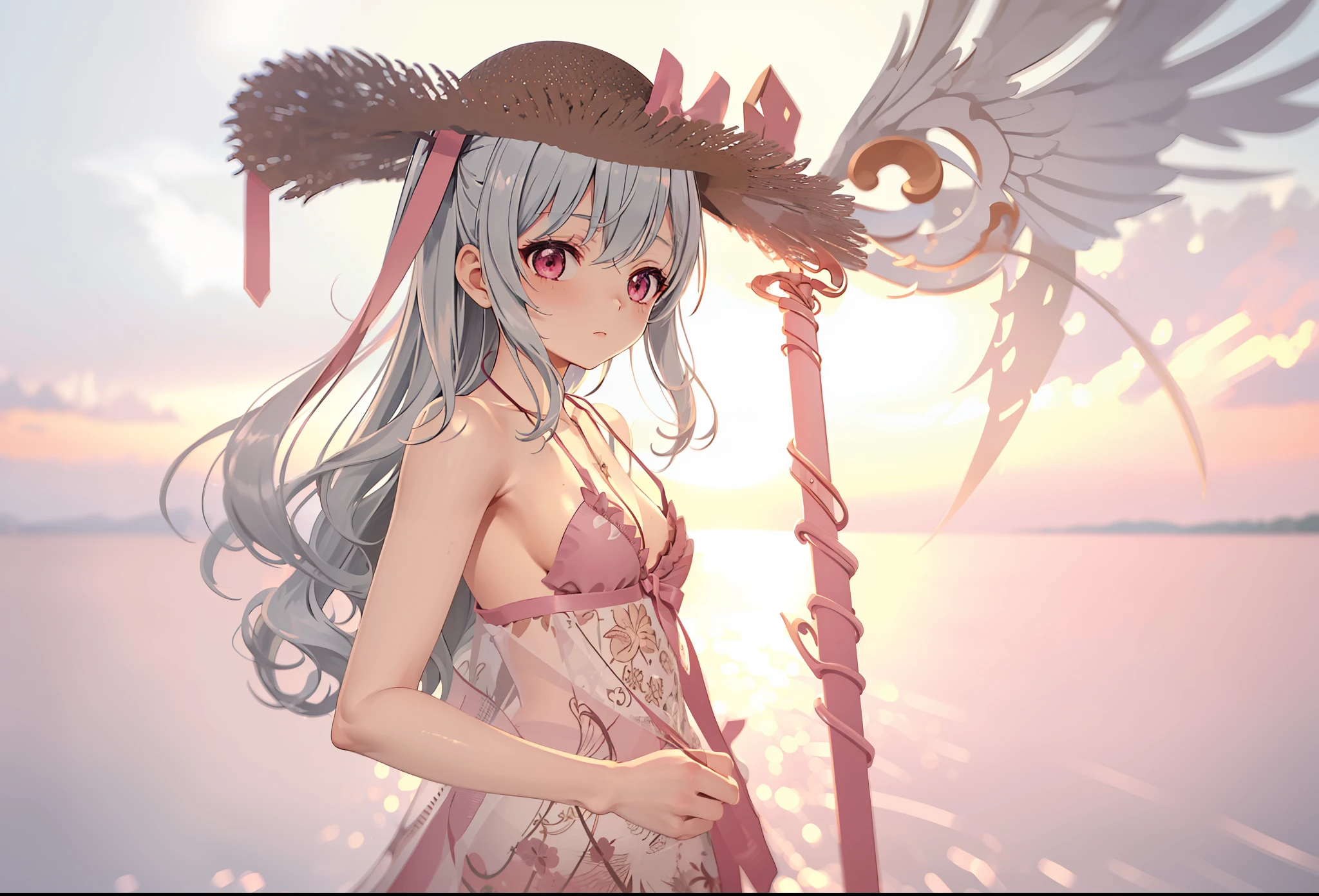 ((Best quality)), ((Masterpiece)), ((Ultra-detailed)), (illustration), (Detailed light), (An extremely delicate and beautiful),A charming young girl,Pink swimsuit,Straw hat top,Swimming,scythe