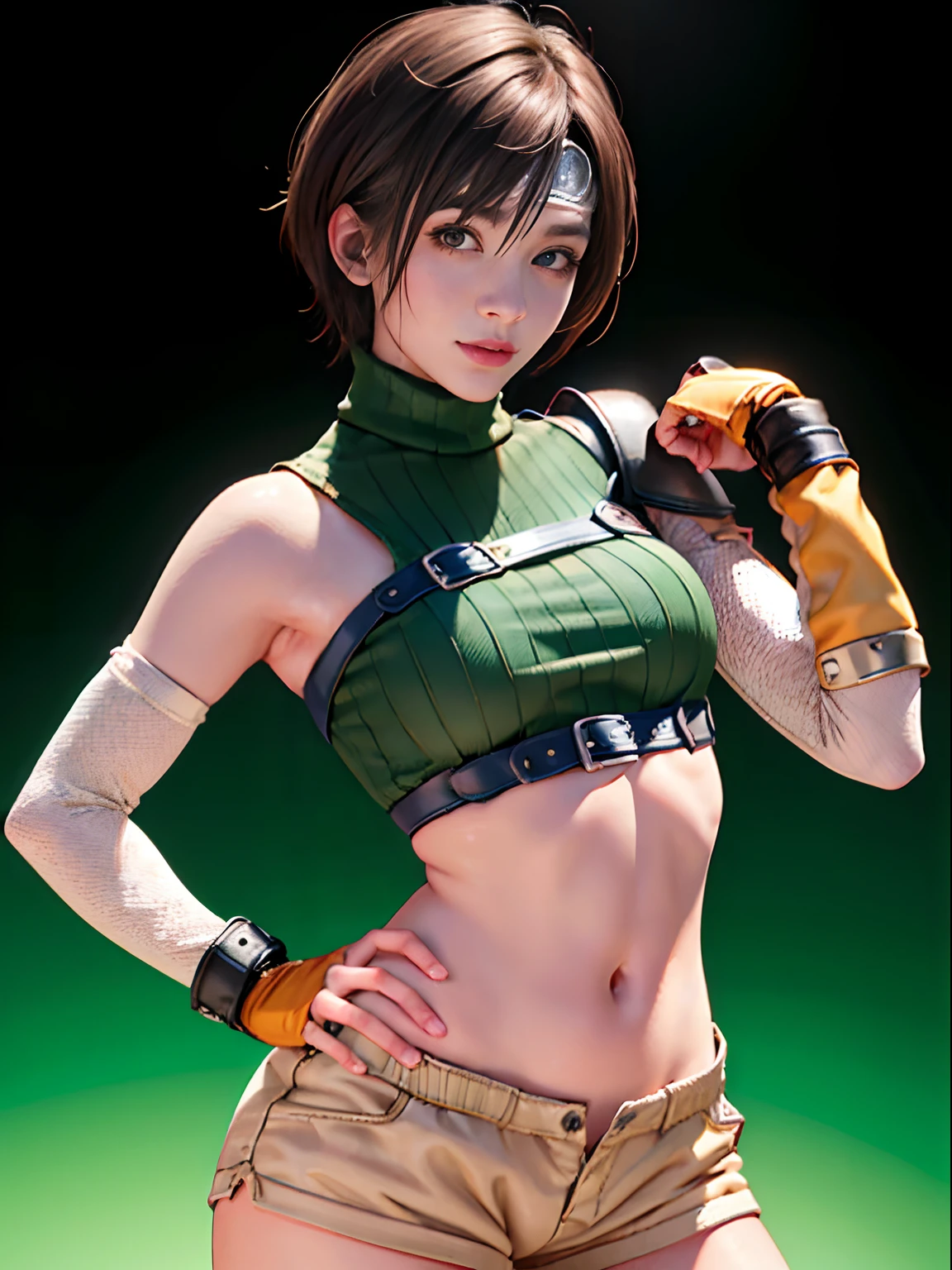 Masterpiece, Best quality:1.4), (1girll), Solo, (European youth:1), 1girll, Short hair, Headband navel, Sleeveless, Turtleneck, Brown eyes, sleeveless turtleneck, Solo, Breasts, view the viewer, Sexy smile, mitts, Crop top, Brown hair, Shorts, midriff, Armor, Sweater, open fly, Fingerless gloves, ribbed sweater, Medium breasts, Yuffie_Kisaragi_01, Girls surreal, highdetailskin, Digital SLR, Soft lighting, High quality, Highly detailed face, Highly detailed skin, skin pore, Subsurface scattering, Realistic pupils, Medium breast, full pouty lips, Detailed background, Depth of field, Sharp focus, absurderes, Realistic proportions, Good anatomy, (Realistic, Hyperrealistic:1.4), 16K HD,