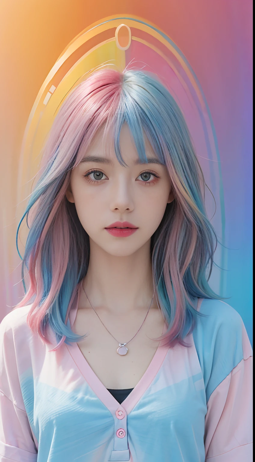 (masterpiece, highest quality, highest quality, watercolor art (pendant), official art, beautiful and aesthetic, (1.2), (1 girl: 1.3), (fractal art: 1.3), full body, star-shaped pupil, , pattern, ((iridescent hair, colorful hair, half blue and half pink hair: 1.2)), (school uniform), colorful, glasses, writing, heterochromia, (colorful: 1.5), ((rainbow sky)), sun, (embarrassed face)