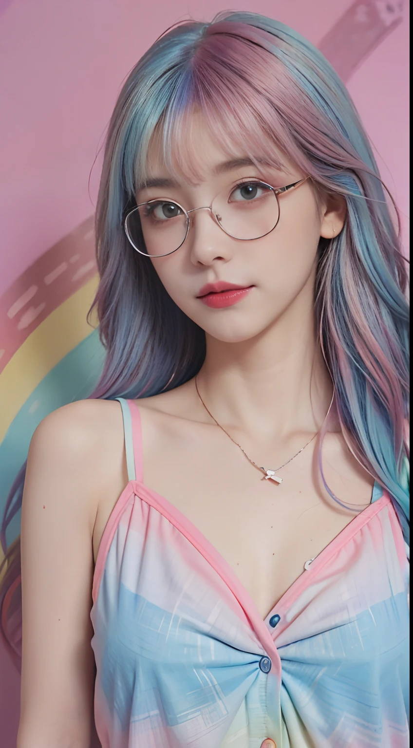 (masterpiece, highest quality, highest quality, watercolor art (pendant), official art, beautiful and aesthetic, (1.2), (1 girl: 1.3), (fractal art: 1.3), full body, star-shaped pupil, , pattern, ((iridescent hair, colorful hair, half blue and half pink hair: 1.2)), (school uniform), colorful, glasses, writing, heterochromia, (colorful: 1.5), ((rainbow sky)), sun, (embarrassed face)