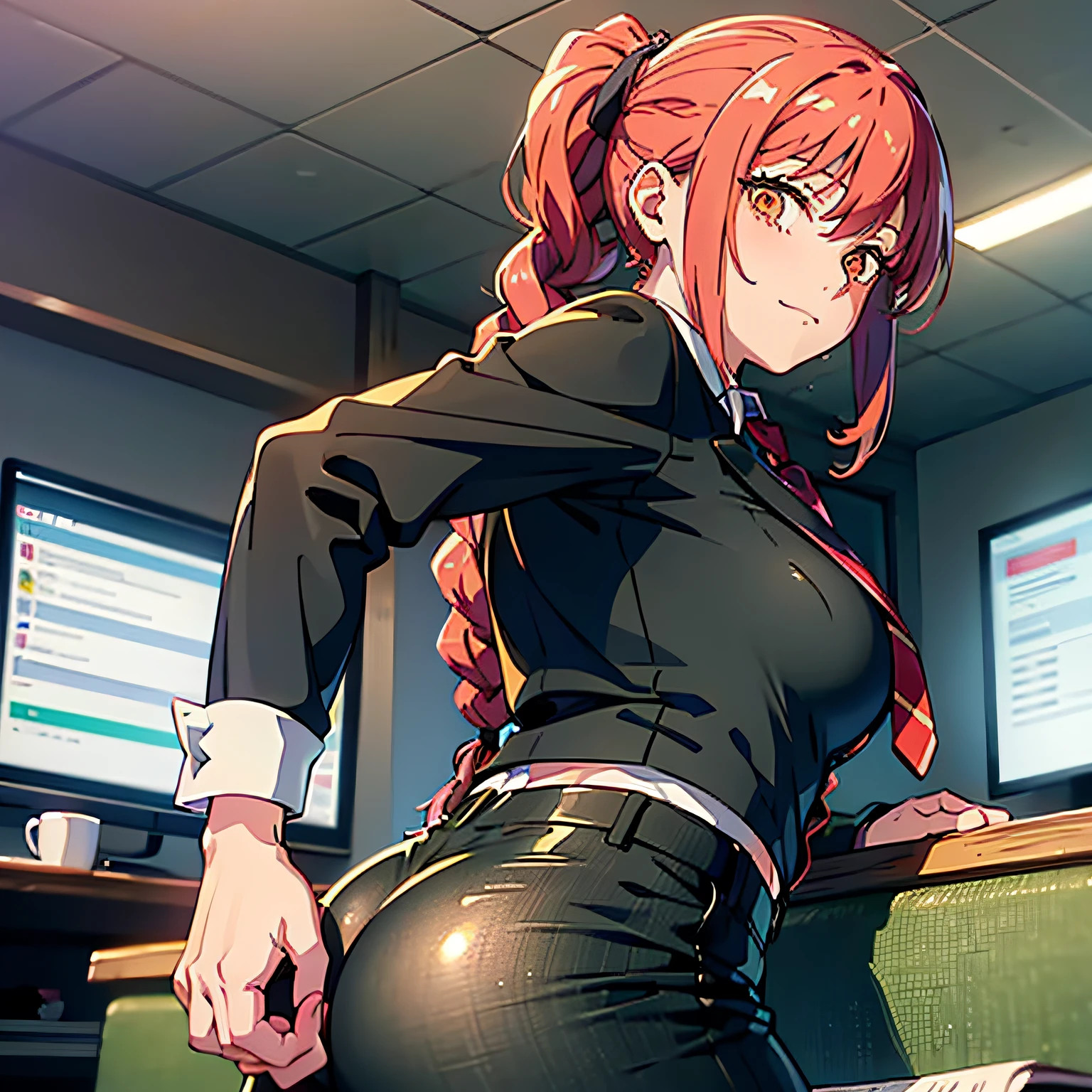 (masutepiece, Best Quality:1.2), from behind, Solo, 1girl in, Makima, Slight kinky smile, Closed mouth, Looking back, braided ponytails, Ringed Eyes, White shirt, Black pants, bent forward, Hands on desk, Bending on the desk, pervert, ultra-detailliert, Beautiful body, Best Quality, Red hair, Office Pants, neck tie, Chainsaw Man Anime, Sexy, Full body, nice booty, Formal, Suit, Collared_Shirt, Pants, Office, bent over