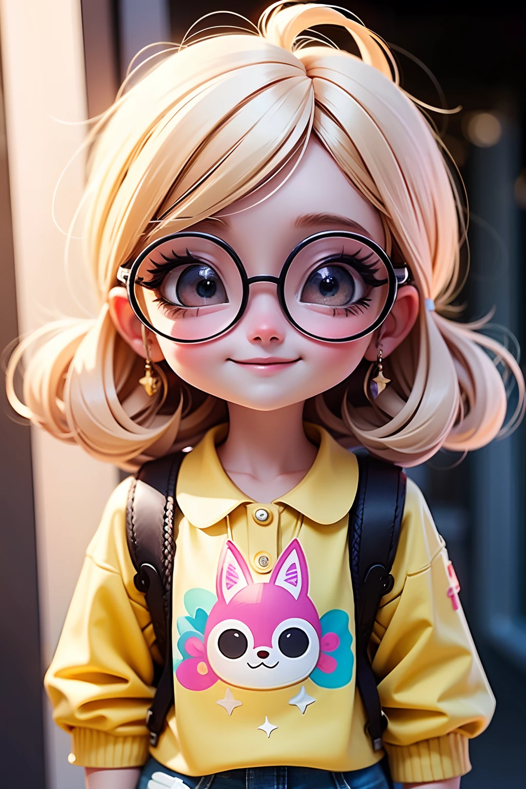 Loli cute girl, cabelo mesclado, preso ou solto, modern accessories , Eyeglasses, olhos detalhados, sorriso detalhados, detalhes detalhados, Holographic,  fundo claro e simples