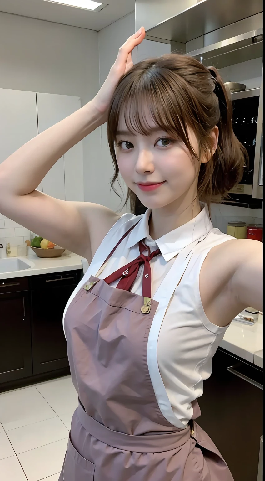 A woman who cooks、(kitchin_aprons:1.Wear 3)、nice hand、4K、A high resolution、tmasterpiece、top-quality、wear cap:1.3、((hasselblad photograph))、Fine skin、sharp focus、(lighting like a movie)、Soft lighting、dynamic ungle、[:(Detailed face:1.2):0.2]、Medium chest、sweat pouring down the skin:1.2、(((In the kitchen))) Cute smile　Viewer's perspective　Colossal tits　tying  hair　Sleeveless　Stretch your upper arms　Shoulders outstretched　cleanness　big kitchen　Beautiful kitchen　Wine glasses　posterior view　Behind　backs　Lift and tie up your hair