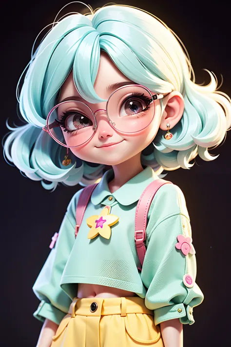 Loli cute girl, cabelo mesclado, solto, modern accessories , Eyeglasses, olhos detalhados, sorriso detalhados, detalhes detalhad...