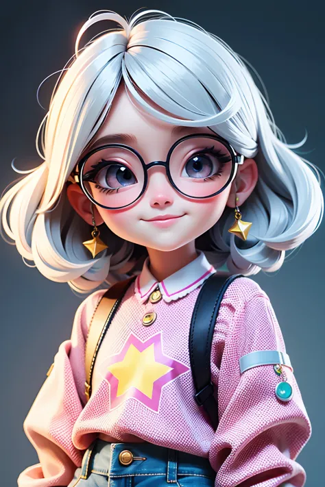 Loli cute girl, cabelo mesclado, solto, modern accessories , Eyeglasses, olhos detalhados, sorriso detalhados, detalhes detalhad...