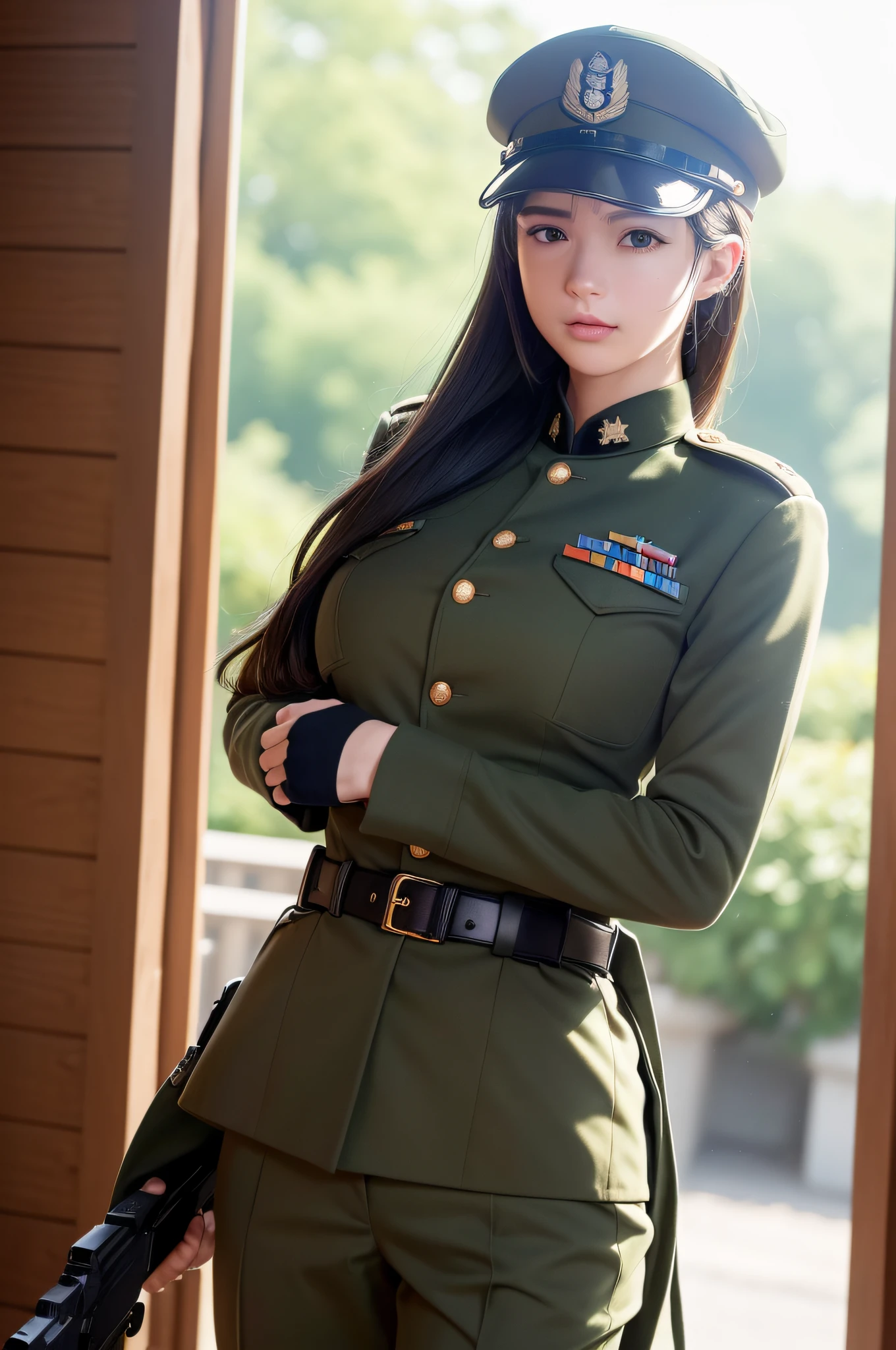 Very detailed CG unity 8K wallpaper，（tmasterpiece），（best qualtiy），（ultra - detailed），（Ultra photo realsisim），（best character detail：1.36），Nikon D750 f / 1.4 55mm，profesional lighting， physically-based renderingt, 1girll, Female soldier，army suit，Dark green military uniform，Fabric texture military uniform，（（（Headband with officer's hat））））（((Hanging a firearm：1.2)），Pure white lining，Dark green tie，Black hair，the golden ratio,[:(com rosto detalhado:1.2):0.2]:,PureErosFace_V1, broad shoulder,,(big assa:1.5)，Soaked with sweat，red flags，In the square，Splendid scenery，bright sun，upper body photos，Place your hands on your chest，（（（Fighting posture：1.8））），（（（Collar：1.2））），（（（Wearing a military cap：1.2）））,Perfectcomposition