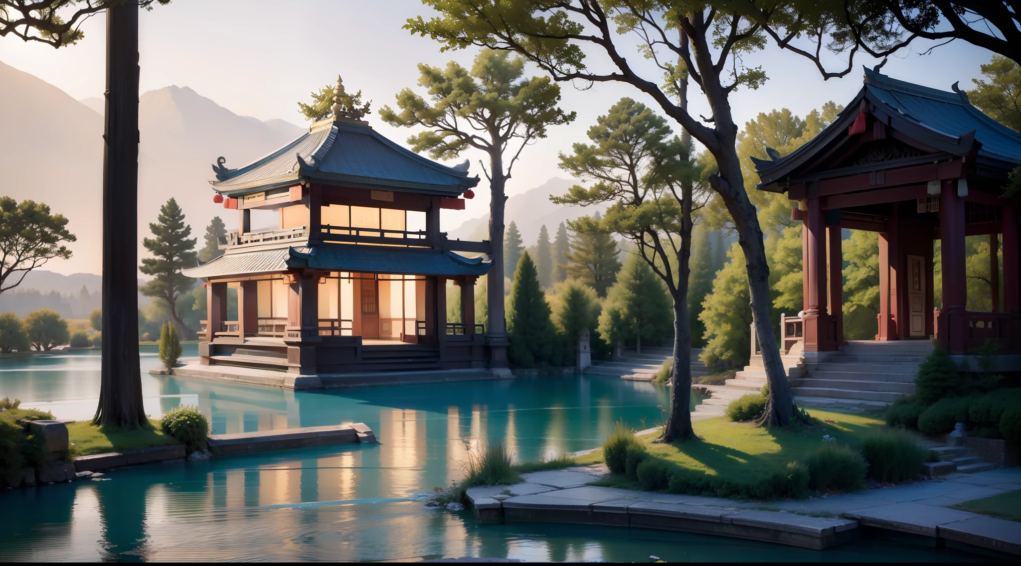 lake，mont，pavilion，the ancients，The tree，China-style