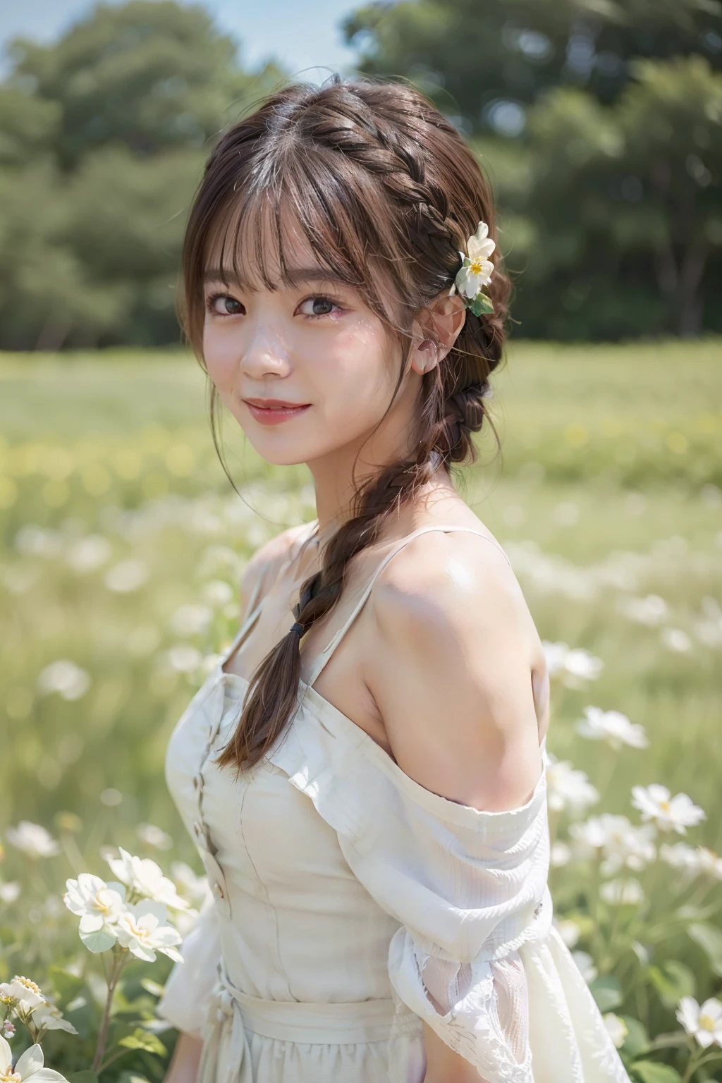top-quality、​masterpiece、超A high resolution、(Photorealsitic:1.4)、Raw photo、女の子1人、robe blanche、off shoulders、flower  field、glistning skin、Light smile、Braided hair、Floating hair