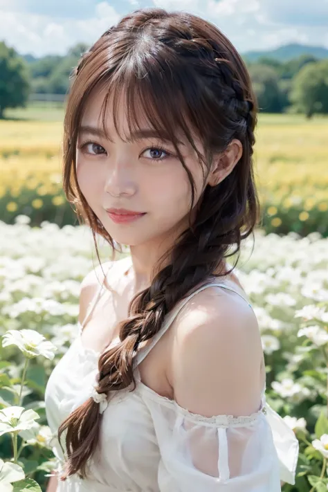 top-quality、​masterpiece、超A high resolution、(Photorealsitic:1.4)、Raw photo、女の子1人、robe blanche、off shoulders、flower  field、glistn...