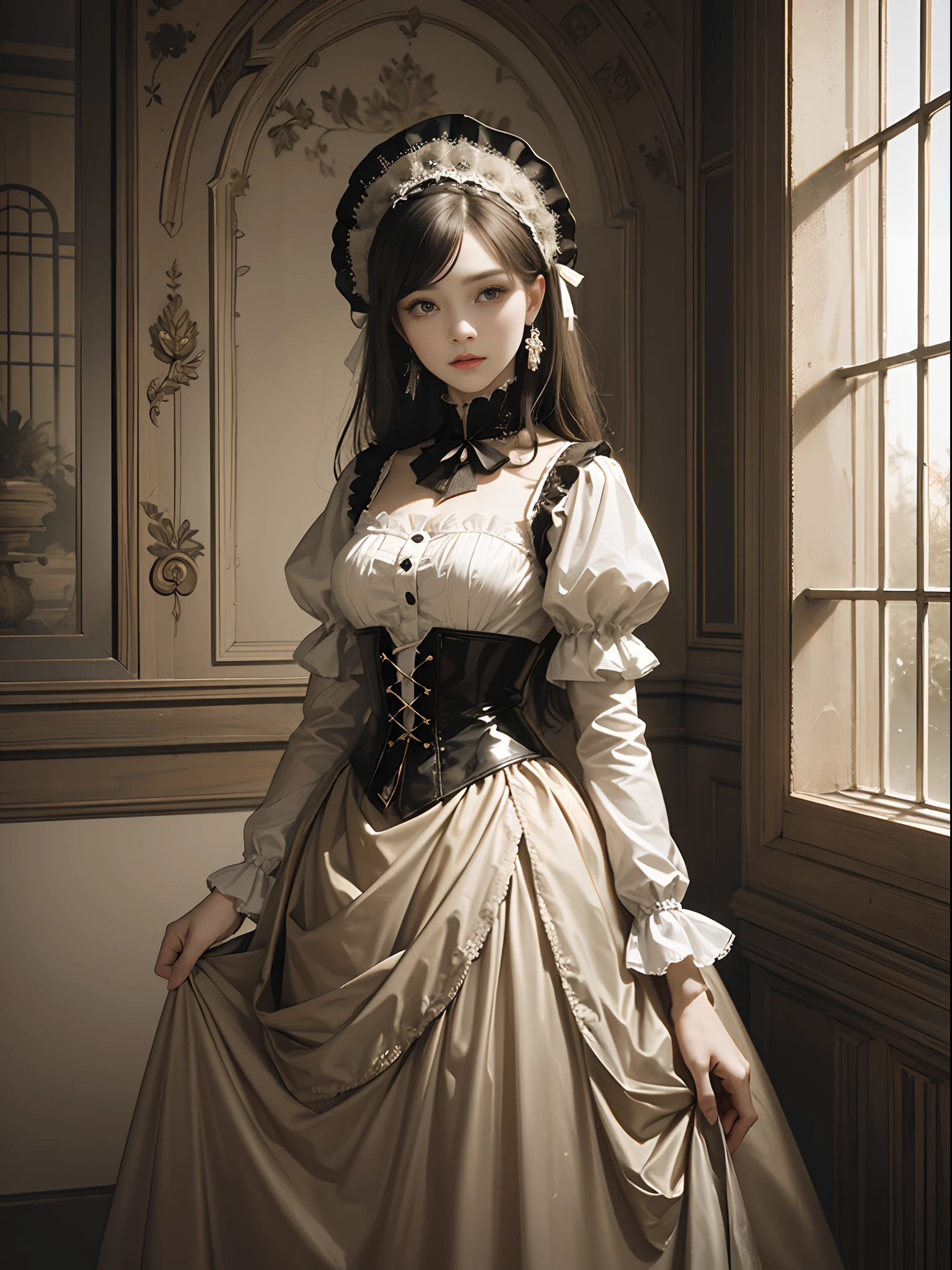 (Pure Color: 0.9), (Color: 1.1), (Masterpiece: 1,2) 30 years old, Best Quality, Masterpiece, High Resolution, Original, Highly Detailed Wallpaper, Beauty, Victorian, Dress, Melancholy, Sepia Color, 30 years old