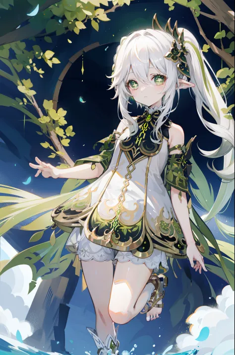 Nahida_Genshin,(White hair),cross-shaped pupils,default_dress,Green cape,