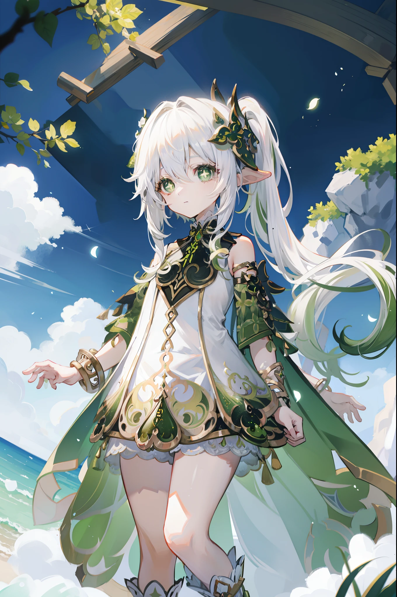 Nahida_Genshin,(White hair),cross-shaped pupils,default_dress,Green cape,