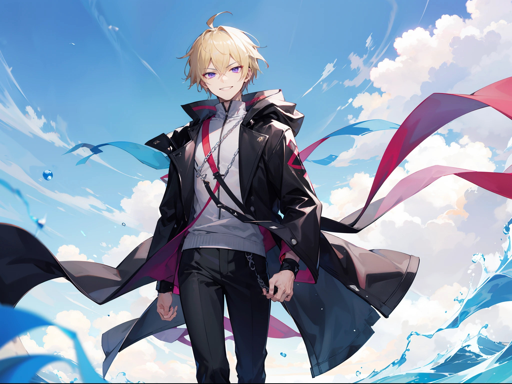 "Generate a 4k image of the badass male character Zen, with spiky blonde hair, purple eyes, smiling arrogantly, standing confidently, wearing a black coat."