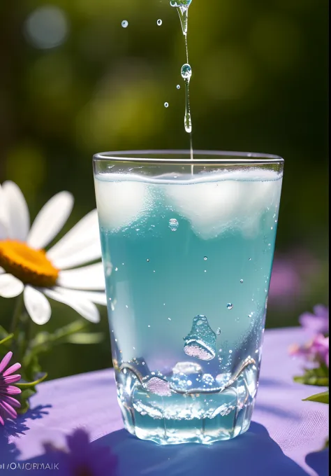 A glass with drops of water filled with carbonated drinks, translucent liquid, ice cubes, bubbles, a floral crown of daisies and lavender on picnic tablecloths, midday outdoor lighting, open air, natural background, summer day, hot weather, high detail, ve...